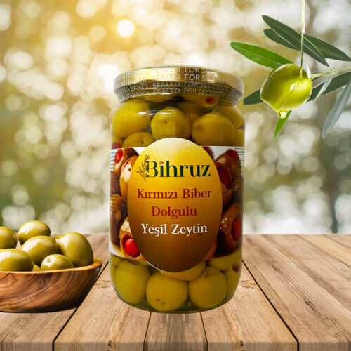 Kırmızı Biber Dolgulu Yeşil Zeytin Bihruz 650g
